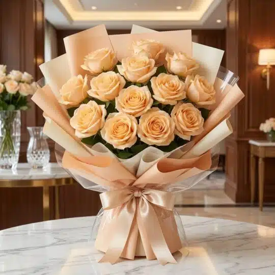 Bouquet de 12 rosas Celestina color melocotón en empaque coreano, sobre mesa de mármol en un ambiente elegante de floristería