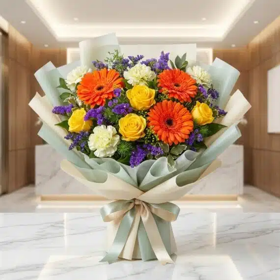 Bouquet Floral SABRINA con rosas amarillas, gerberas naranjas y flores de relleno moradas, envuelto en papel coreano elegante