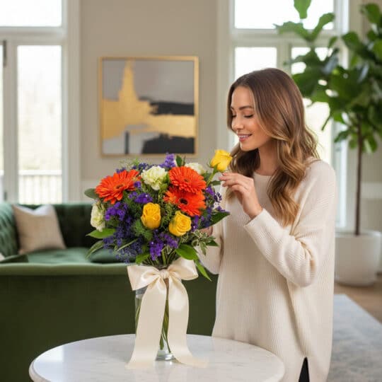 Mujer joven sonriendo y oliendo delicadamente una rosa amarilla de un bouquet vibrante con gerberas naranjas, rosas amarillas