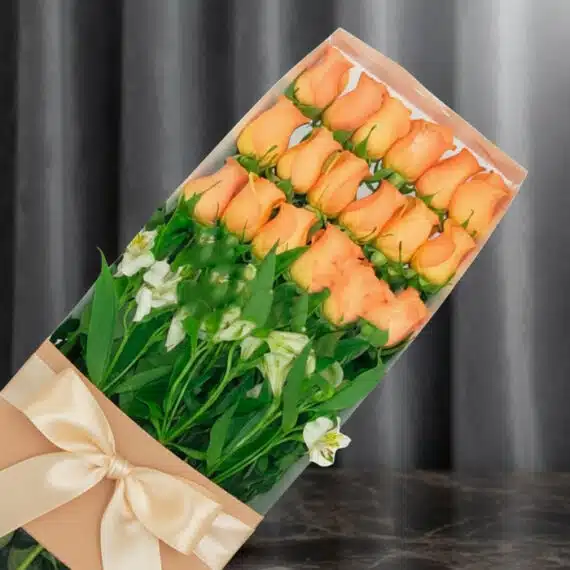 Caja de 18 Rosas Salmón: Elegancia y Frescura para Regalar Caja de 18 rosas salmón frescas y vibrantes, presentadas en un elegante empaque con lazo, ideal para regalar en cualquier oca