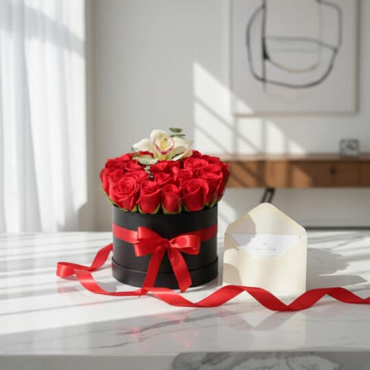 Caja redonda negra con 25 rosas rojas frescas y una orquídea blanca, adornada con una cinta de satén rojo, sobre una mesa de
