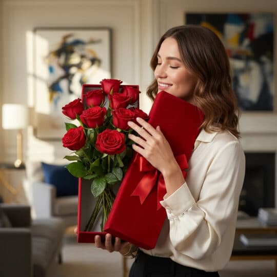 Mujer joven sonriente y elegante sosteniendo una caja de rosas rojas de exportación en un hogar de lujo con luz natural.