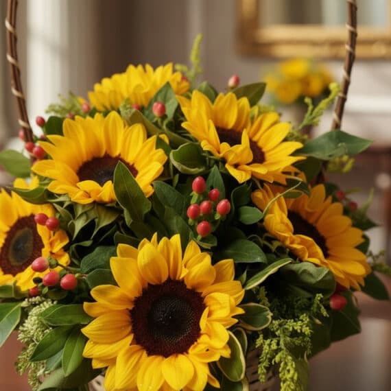 Primer plano extremo de una canasta floral con 12 girasoles, mostrando texturas hiperrealistas, gotas de rocío sutiles y colo