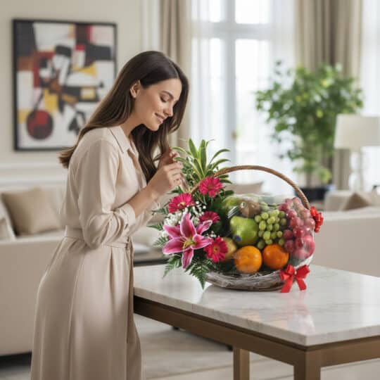 Mujer elegante admirando una Canasta Frutal CARMINE con lirios rosas, gerberas y frutas frescas en un lujoso hogar.