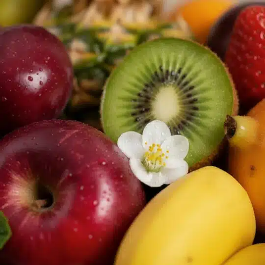 Primer plano extremo de una canasta de frutas frescas Canes, destacando manzanas rojas, kiwi, plátanos y una flor blanca con