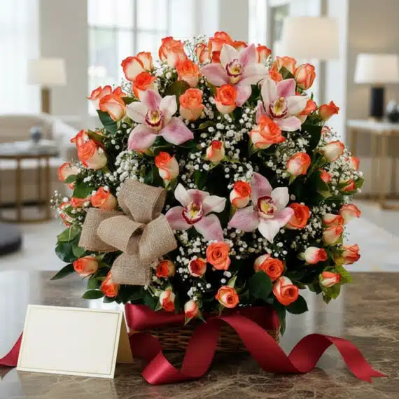 Canasta de rosas y orquídeas en tonos salmón y rosa, con gypsophila y un lazo de yute, sobre una mesa de mármol con una cinta
