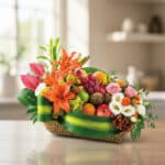 Cesta de frutas THALIA con lirios naranjas, anturios rosas, rosas, uvas, manzanas, kiwis y naranjas, sobre mesa de madera cla