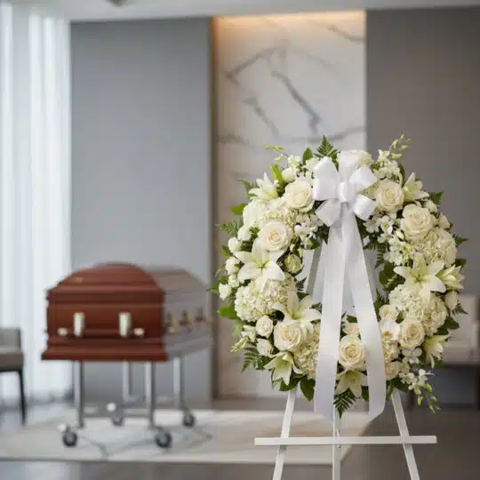 Corona fúnebre Almudena de flores blancas (rosas, lirios, hortensias) con lazo blanco, en sala de velación moderna con ataúd