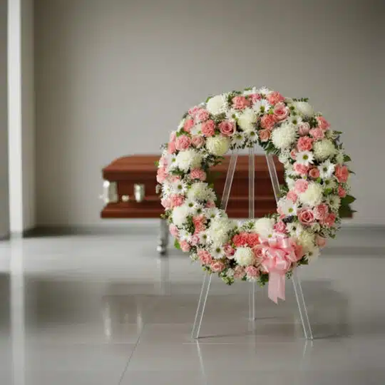 Corona fúnebre Homenaje a Jesús con flores blancas y rosas, presentada en una sala de velación moderna con un ataúd sobrio al