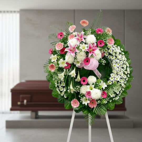 Corona fúnebre solemne 'Homenaje a Mathias' con flores blancas, rosas y follaje verde, en una sala de velación moderna con at