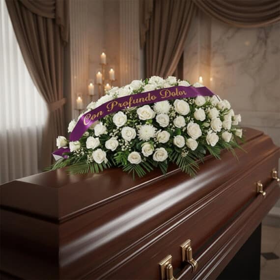 Cubre caja fúnebre Bernardita con rosas blancas y cinta morada 'Con Profundo Dolor' en sala de velación premium, luz difusa.