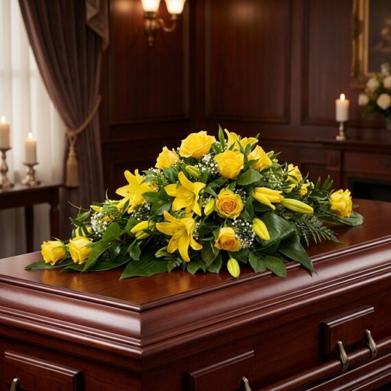Cubre Caja Fúnebre: El Conmovedor Homenaje a Caleb 🕊️ Elegante cubre caja fúnebre con rosas amarillas y lirios, sobre un ataúd de madera oscura en un ambiente solemne y bien ilumi