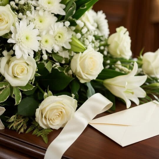 Primer plano de un cubre caja fúnebre con rosas blancas, lirios y crisantemos, con rocío sutil y una cinta satinada color cre