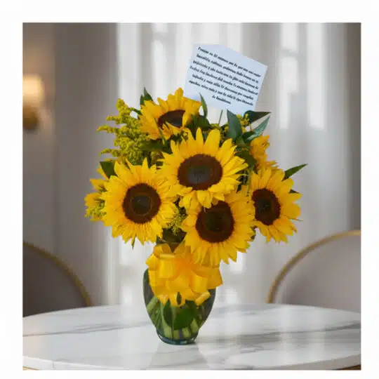 Jarrón de cristal con doce girasoles vibrantes y follaje verde, atado con un lazo amarillo, sobre una mesa de mármol en un en