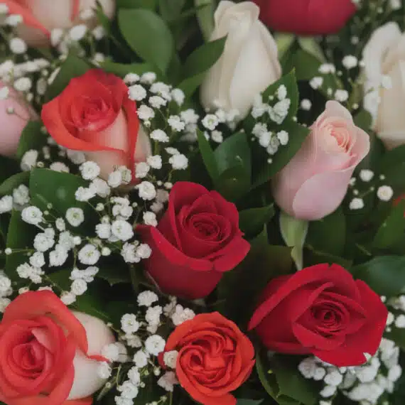 Primer plano extremo de un jarrón con 18 rosas multicolor, mostrando texturas hiperrealistas, sutiles gotas de rocío y colore