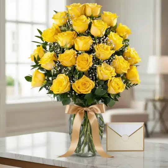 Jarrón de cristal con 24 rosas amarillas frescas, follaje verde y pequeñas flores blancas, sobre una mesa de mármol con una t