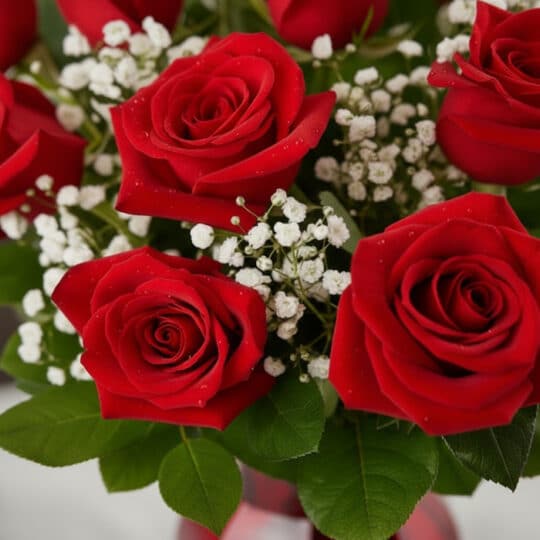 Primer plano extremo de un arreglo floral 'Jarrón Amor Incondicional' con rosas rojas vibrantes, hojas verdes y pequeñas flor
