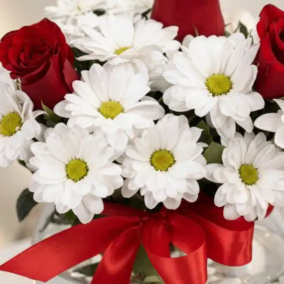 Primer plano extremo de Jarron Floral Antonietta con rosas rojas vibrantes y margaritas blancas frescas, gotas de rocío sutil