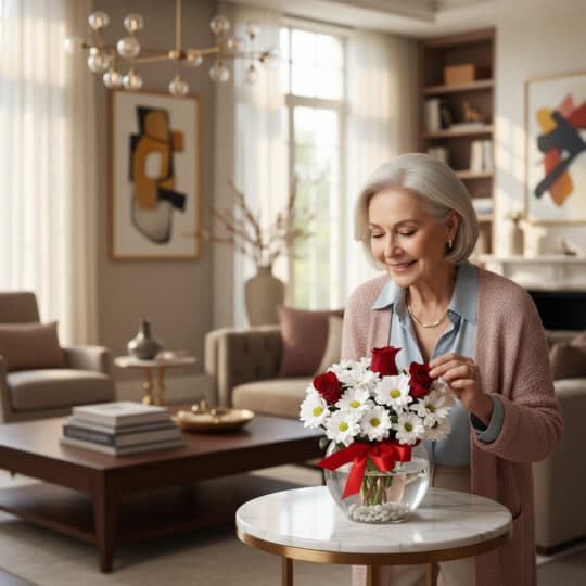 Mujer elegante de cabello plateado admira un Jarron Floral Antonietta con rosas rojas y margaritas blancas en un lujoso salón