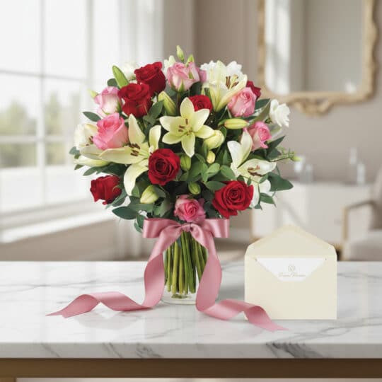 Jarron Floral GIORGIA con rosas rojas, rosas rosadas y lirios blancos, sobre mesa de mármol con tarjeta de regalo y cinta ros