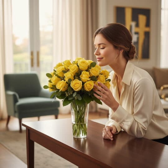 Mujer elegante admirando y oliendo un jarron floral PANDORA con 36 rosas amarillas de lujo en un hogar de alto diseño.