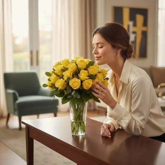 Mujer elegante admirando y oliendo un jarron floral PANDORA con 36 rosas amarillas de lujo en un hogar de alto diseño.