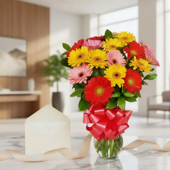 Jarrón de cristal con gerberas rojas, amarillas y rosas, sobre una mesa de mármol, con una tarjeta de regalo y cinta satinada