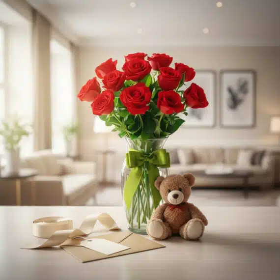 Jarrón Te Adoro con rosas rojas frescas y un osito de peluche, sobre una mesa de madera clara en un elegante salón. Incluye c