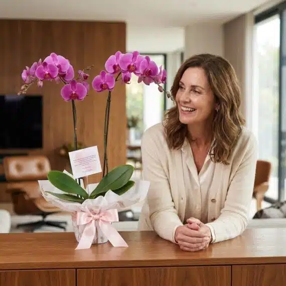 Mujer de mediana edad sonriendo y admirando una Orquídea Premium de Dos Tallos en un elegante interior de hogar con luz natur