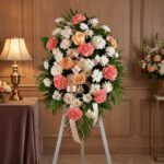Pedestal fúnebre de homenaje para Timoteo, con arreglo floral de claveles coral, rosas durazno y crisantemos blancos, en sala