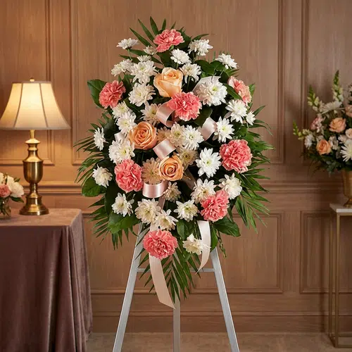 Pedestal Fúnebre de Homenaje para Timoteo: Elegancia y Respeto Pedestal fúnebre de homenaje para Timoteo, con arreglo floral de claveles coral, rosas durazno y crisantemos blancos, en sala