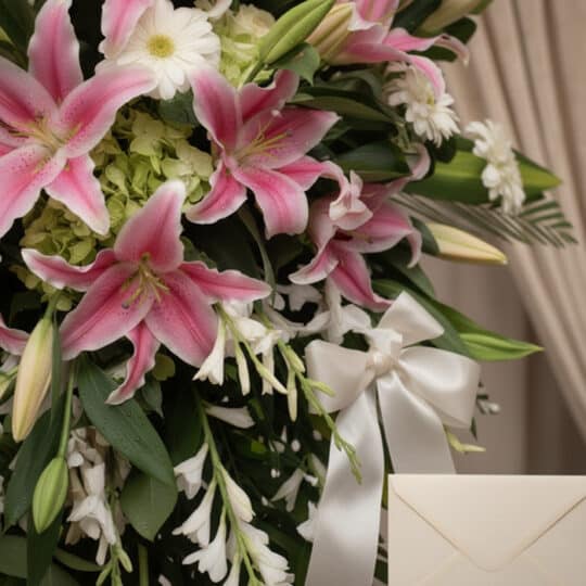 Primer plano de un arreglo floral fúnebre con lirios rosados, margaritas blancas y follaje verde, con rocío sutil y cinta sat