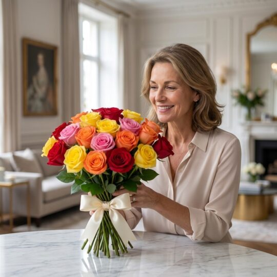 Mujer elegante de mediana edad sonriendo y admirando un ramillete de rosas multicolor (rojas, amarillas, naranjas, rosas) ata