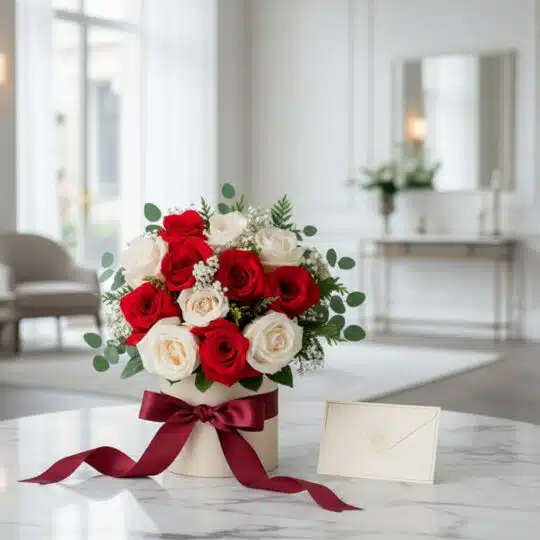 Ramillete o Bouquet Dulce Despertar con rosas rojas y blancas en caja, cinta de satén y tarjeta de regalo sobre mármol.