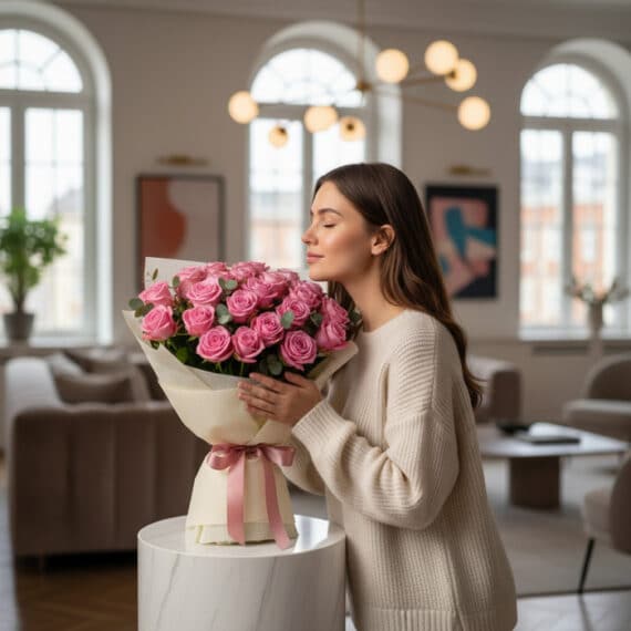 Mujer joven y elegante con suéter beige admira y huele un ramo grande de 44 rosas rosadas Viviana, envuelto en papel crema co