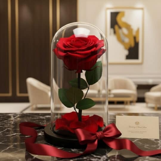 Rosa roja preservada en cúpula de cristal sobre mármol, con cinta de satén y tarjeta de regalo, ideal para un detalle sofisti