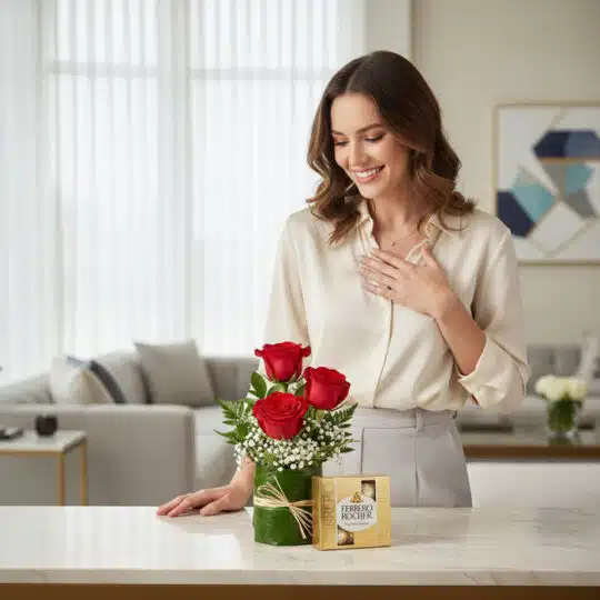 Mujer joven sonriendo y admirando un solitario de tres rosas rojas en base de cristal con follaje, junto a una caja de bombon